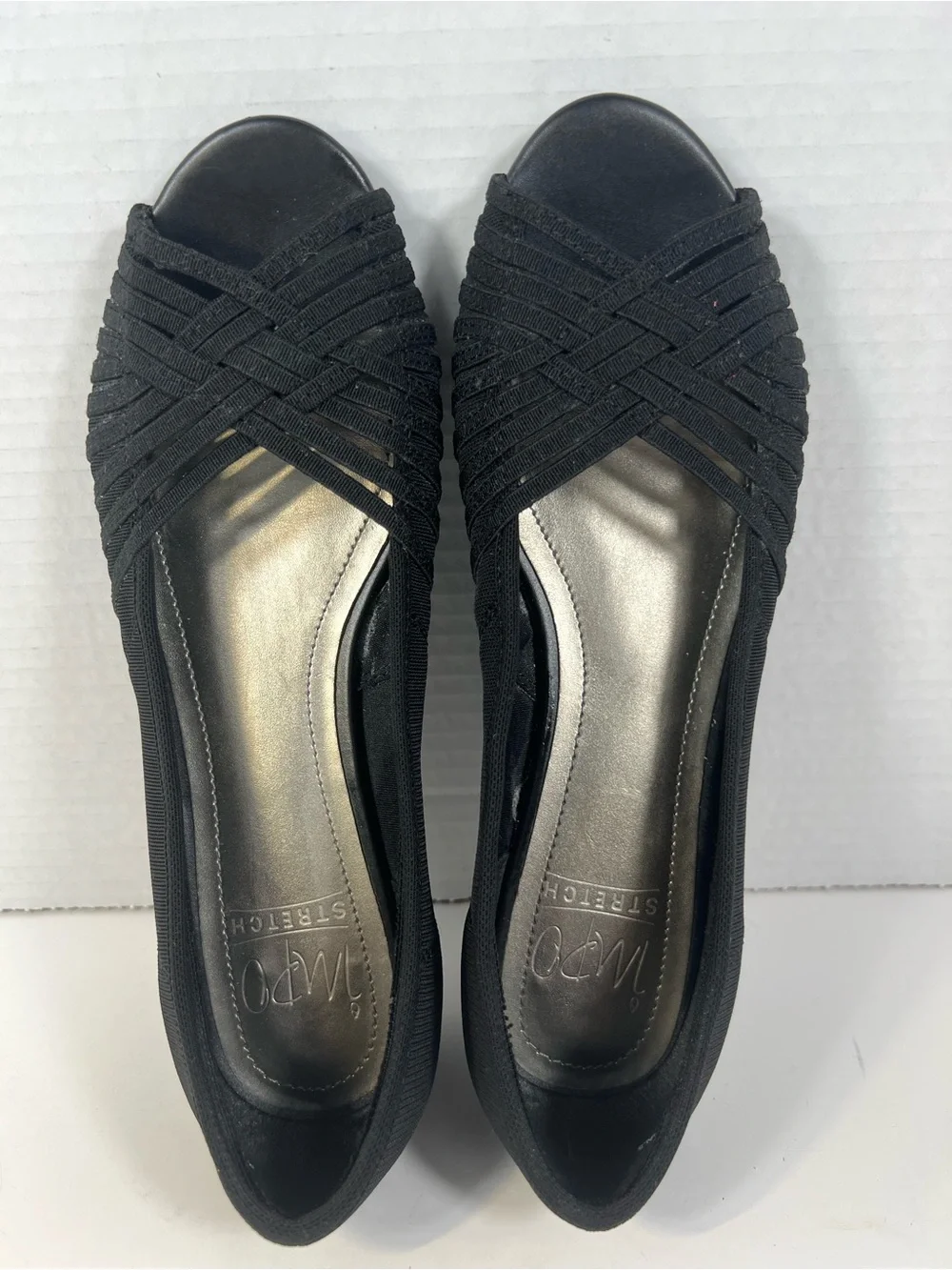 IMPO Stretch Riswel Black Woven Peep Toe Wedge Pumps Women’s 7.5M